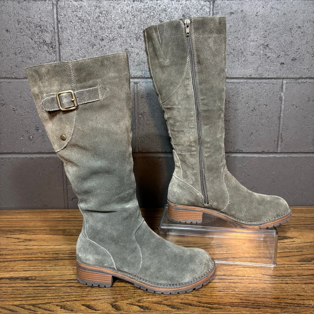 Merona Women’s Gray Suede Tall Knee High Boots 7M Side Zip Lug Sole Buckle